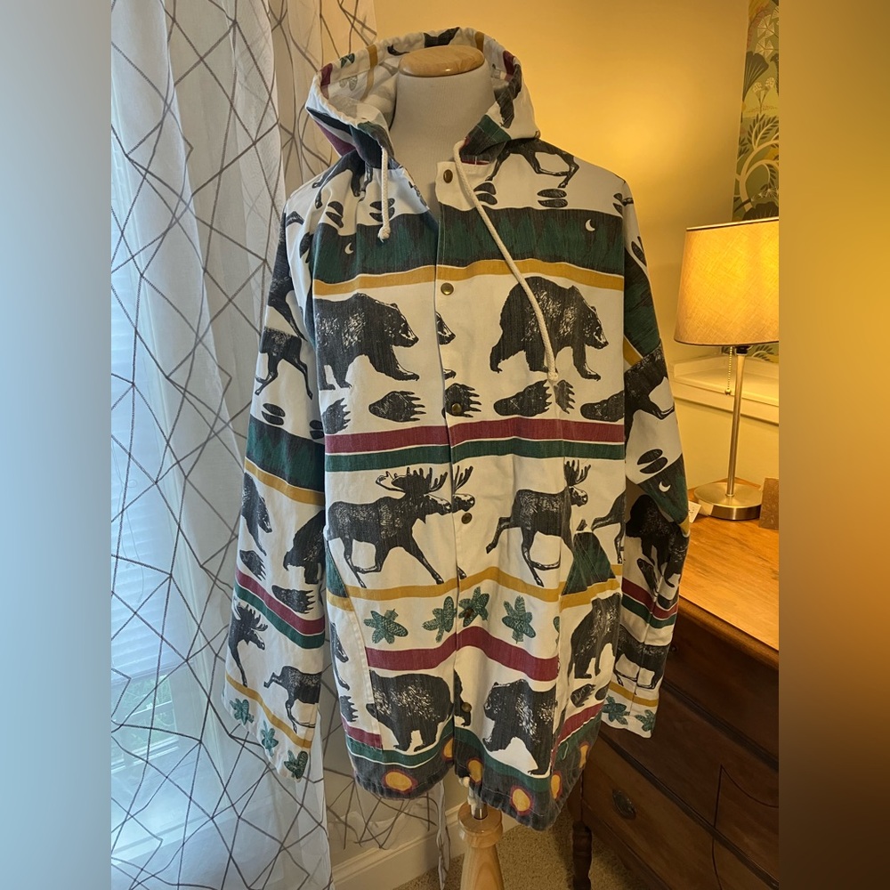 Michigan Rag Co. Snap Front Jacket With Hood Bear Moose Pine Forest